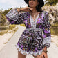 Printed Frill Half Button Balloon Sleeve Romper