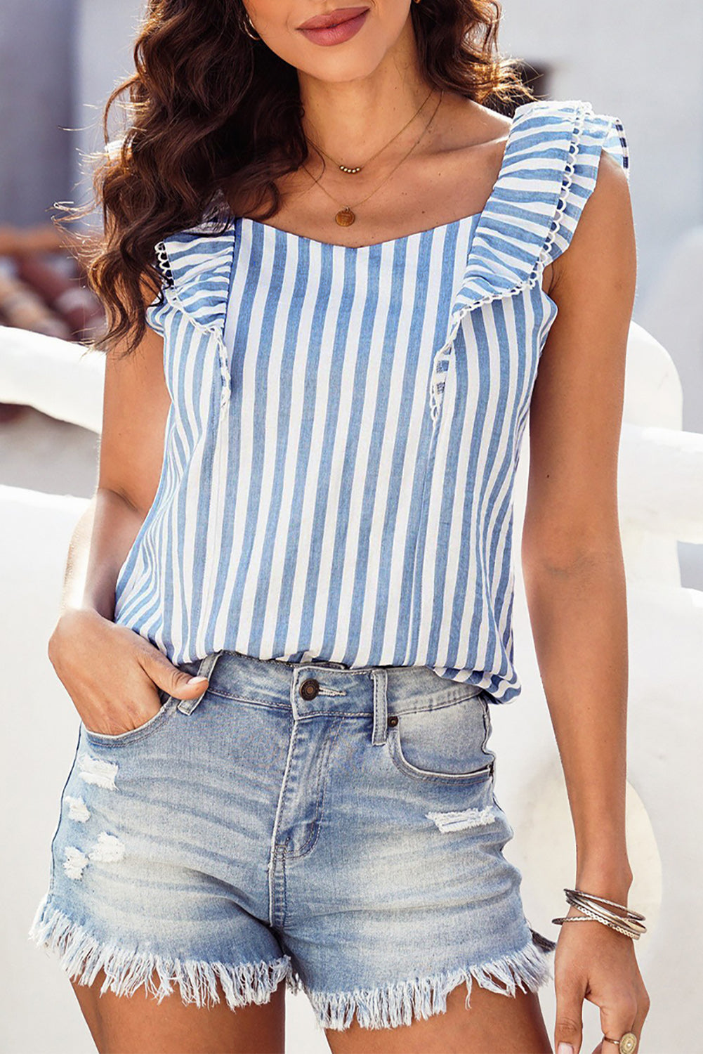 Women's Striped Tie Back Ruffled Tank