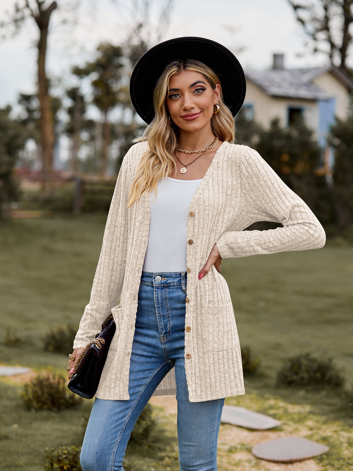 Full Size Ribbed Button-UP Cardigan with Pockets