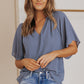 Gathered Detail Notched Neck Flutter Sleeve Top