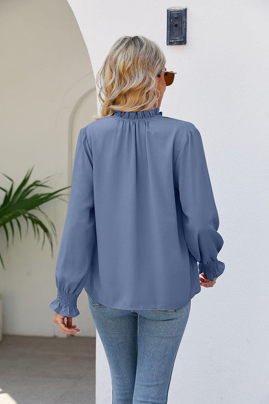 Full Size Tie Neck Flounce Sleeve Blouse
