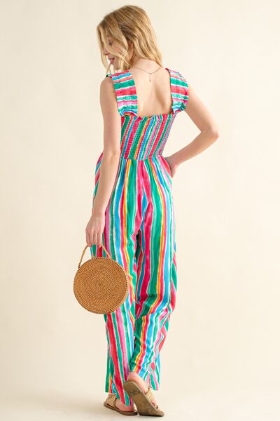 And The Why Full Size Striped Smocked Sleeveless Jumpsuit *