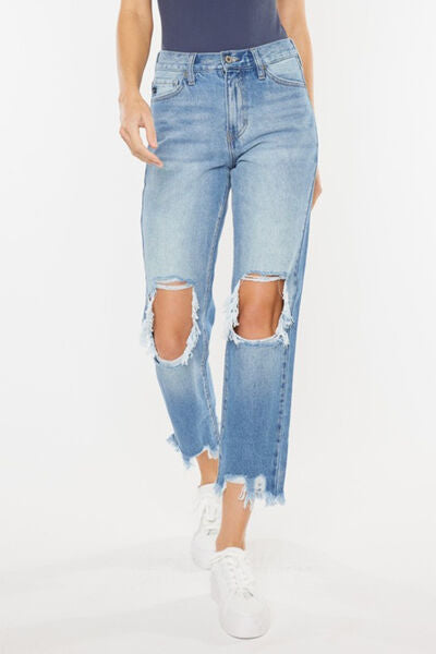 Kancan High Waist Chewed Up Straight Mom Jeans *