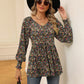 Full Size Printed V-Neck Lantern Sleeve Blouse