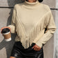 Turtle Neck Tassel Front Long Sleeve Pullover Sweater