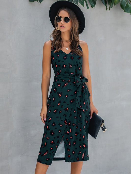 Women's Printed Tie-Waist Spaghetti Strap Dress