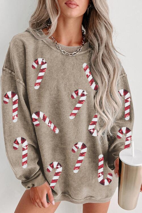 Christmas Themed Sequin Candy Cane Round Neck Sweatshirt