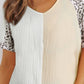 Women's Short Sleeved Leopard Color Block V-Neck Top