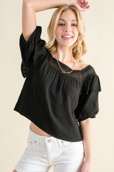 And The Why Square Neck Cotton Gauze Ruffled Blouse *