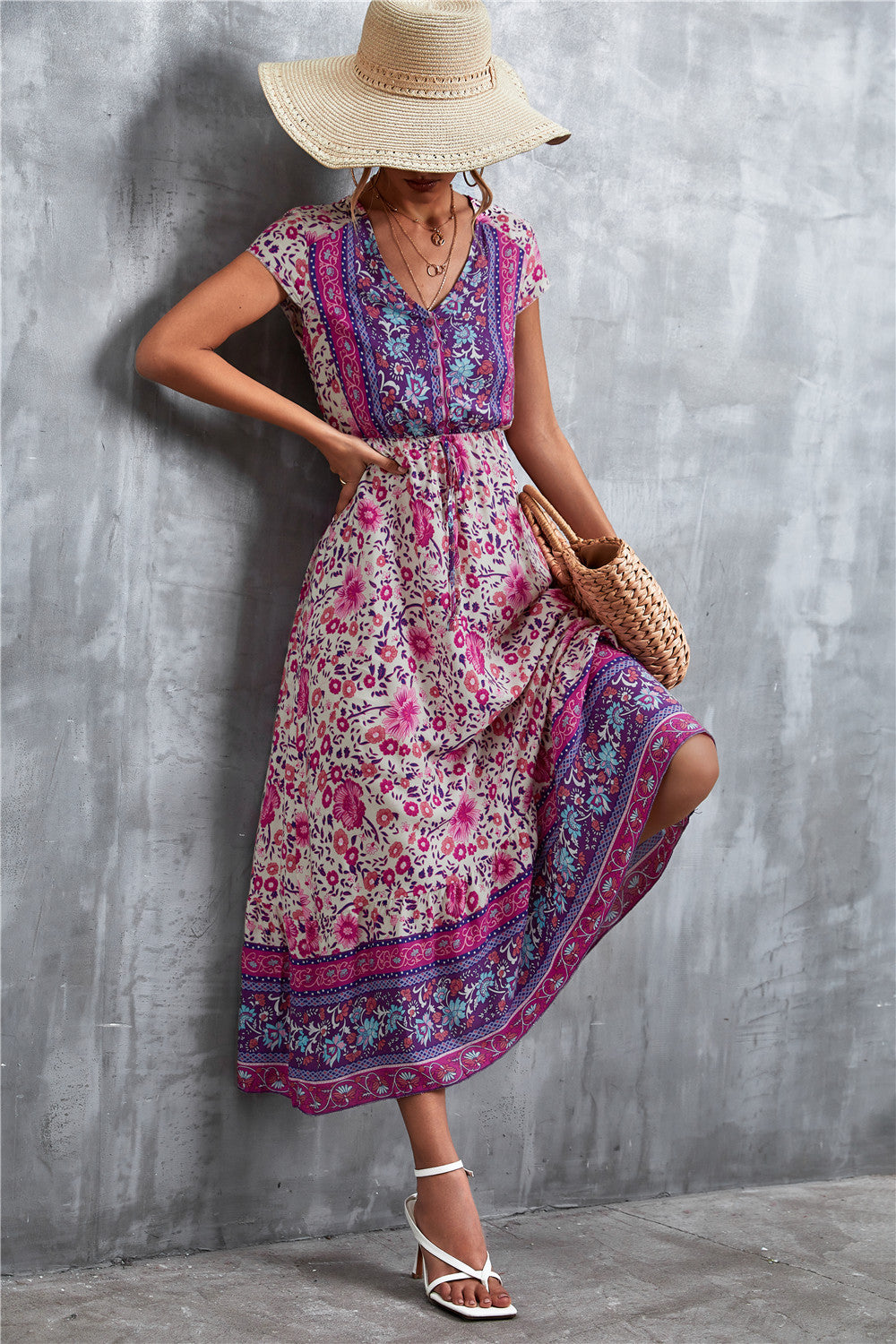 Full Size V-Neck Short Sleeve Printed Maxi Dress