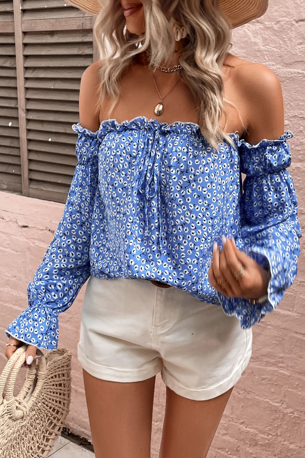 Adelisa & Yehn Off Shoulder Printed Frill Trim Blouse