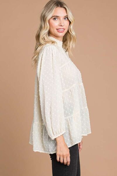 Culture Code Full Size Swiss Dot Smocked Mock Neck Blouse *