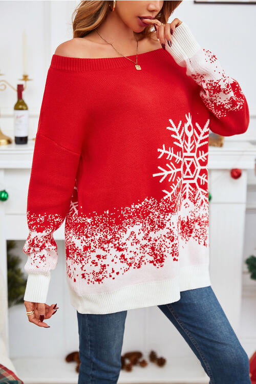 Christmas Themed Off-Shoulder Long Sleeve Sweater