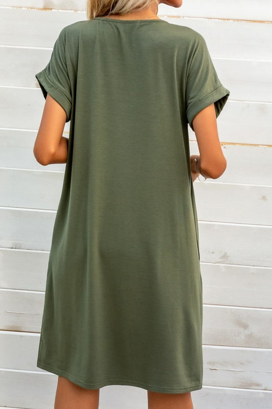 Full Size Scoop Neck Short Sleeve Pocket Mini Dress