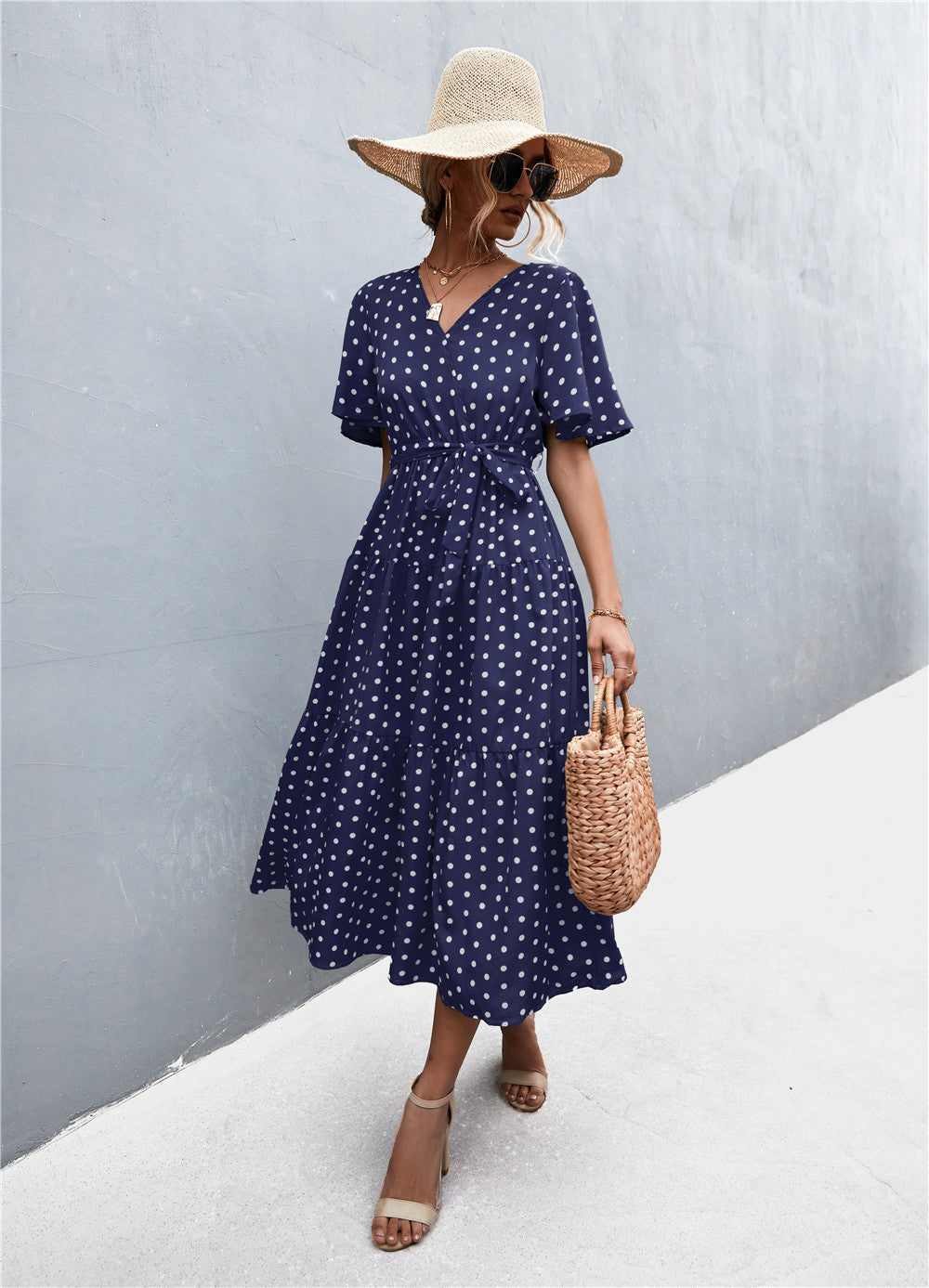 Women's Printed V-Neck Flutter Sleeve Belted Dress