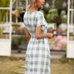 Smocked Plaid Round Neck Short Sleeve Dress