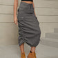 Women's Full Size Drawstring Ruched Slit Denim Midi Skirt