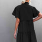 Women's Black Frill Trim Smocked Tie Neck Dress