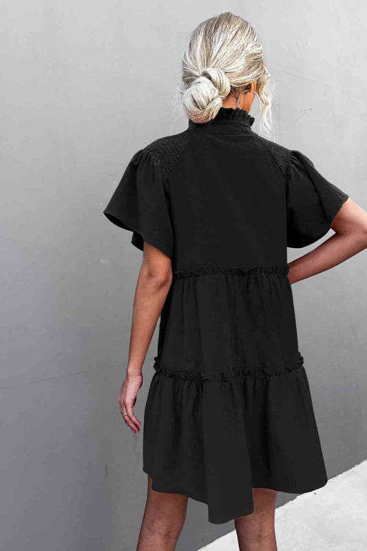 Women's Black Frill Trim Smocked Tie Neck Dress