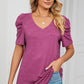 Heathered V-Neck Puff Sleeve T-Shirt