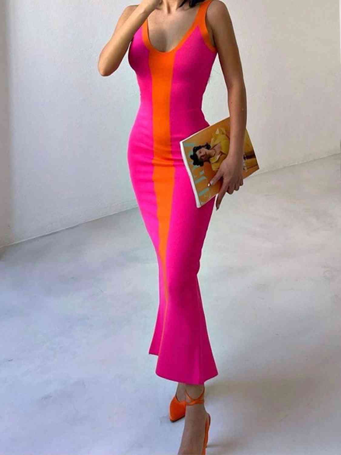 Mia Contrast Wide Strap Slit Midi Dress