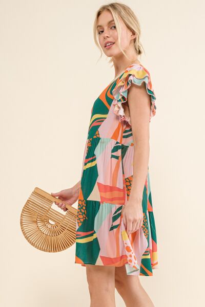 And The Why Printed Double Ruffle Sleeve Dress *