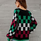 Checkered V-Neck Lantern Sleeve Sweater