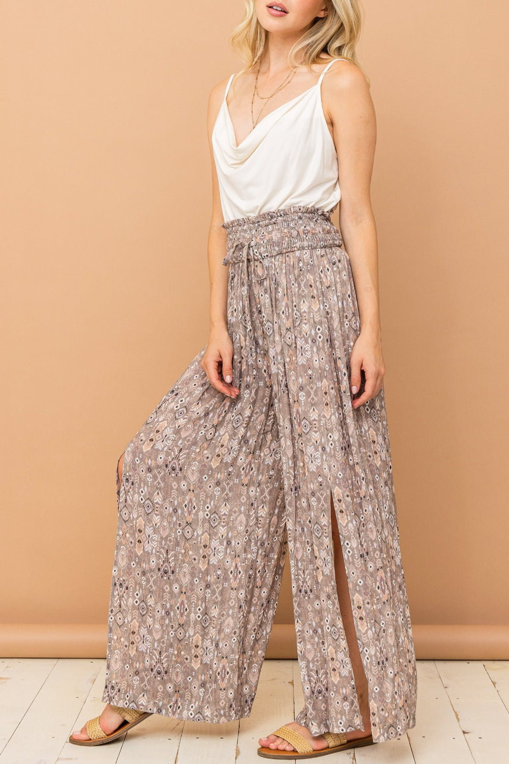 And The Why Printed Smocked Waist Slit Wide Leg Pants *