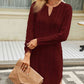 CozyWonders Full Size Notched Neck Cable-Knit Slit Sweater Dress