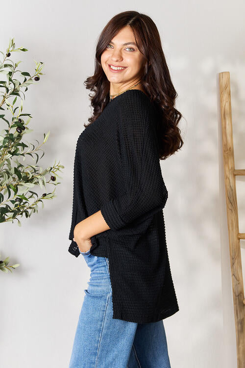 Zenana Full Size Round Neck High-Low Slit Knit Top *