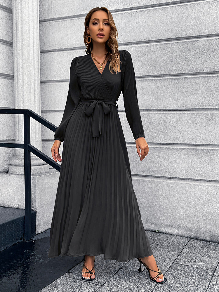 Full Size V-Neck Tie Waist Pleated Maxi Dress