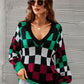 Checkered V-Neck Lantern Sleeve Sweater