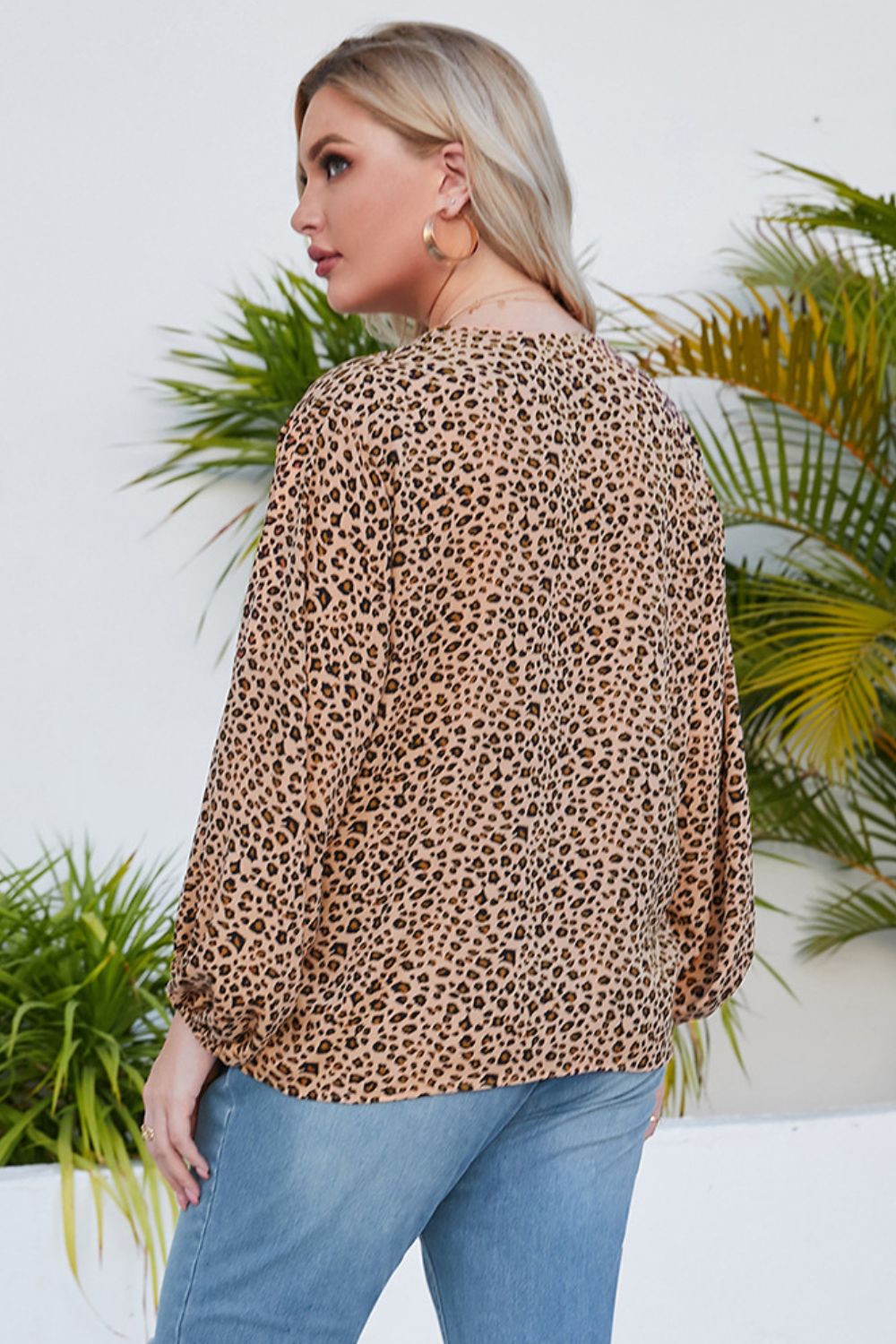 Women's Plus Size Animal Print Balloon Sleeve V-Neck Blouse