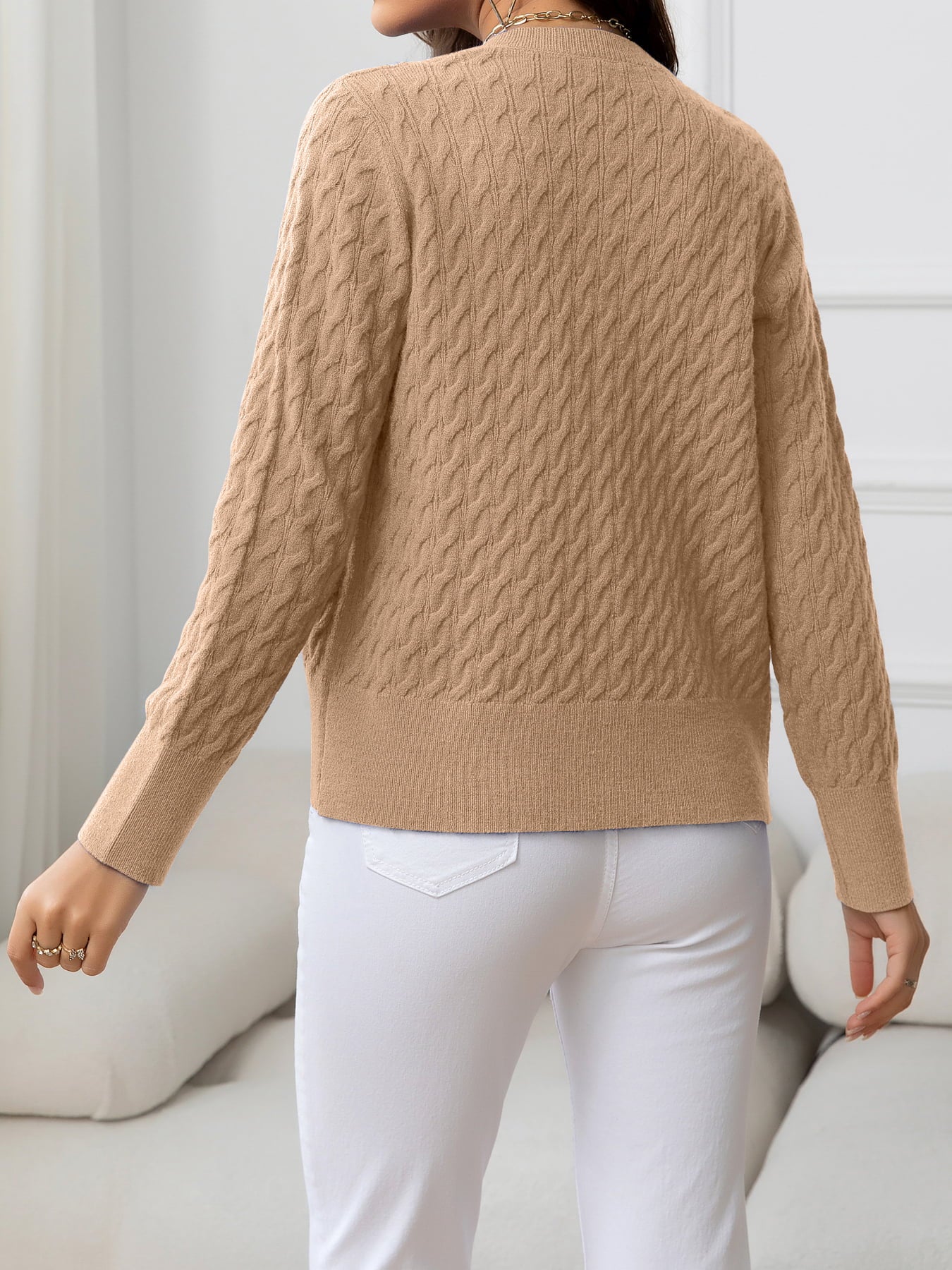 AuroraBlissX Round Neck Cable-Knit Buttoned Knit Top