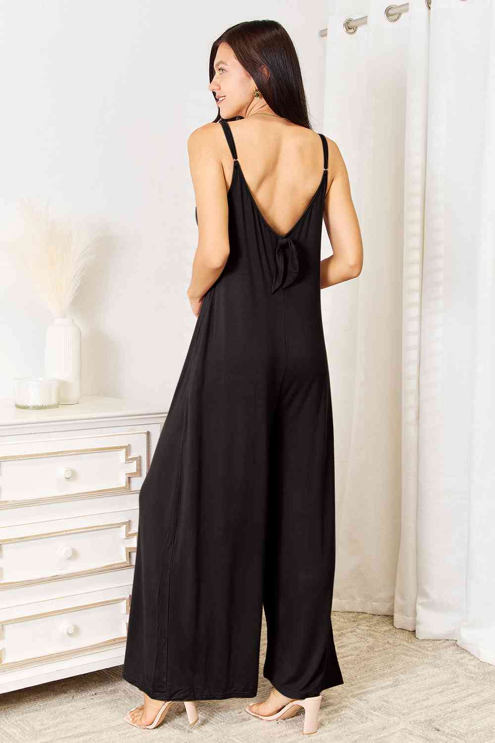 Double Take Full Size Soft Rayon Spaghetti Strap Tied Wide Leg Jumpsuit *