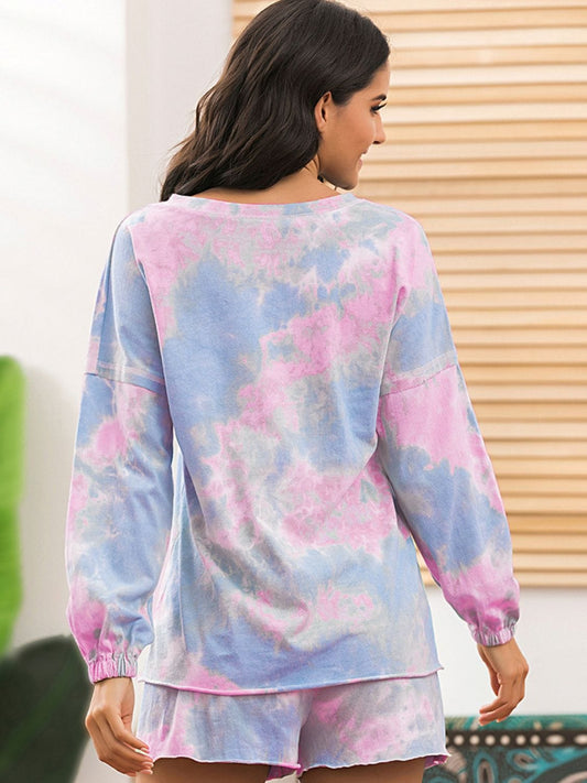 Full Size Tie-Dye Long Sleeve Top and Shorts Lounge Set