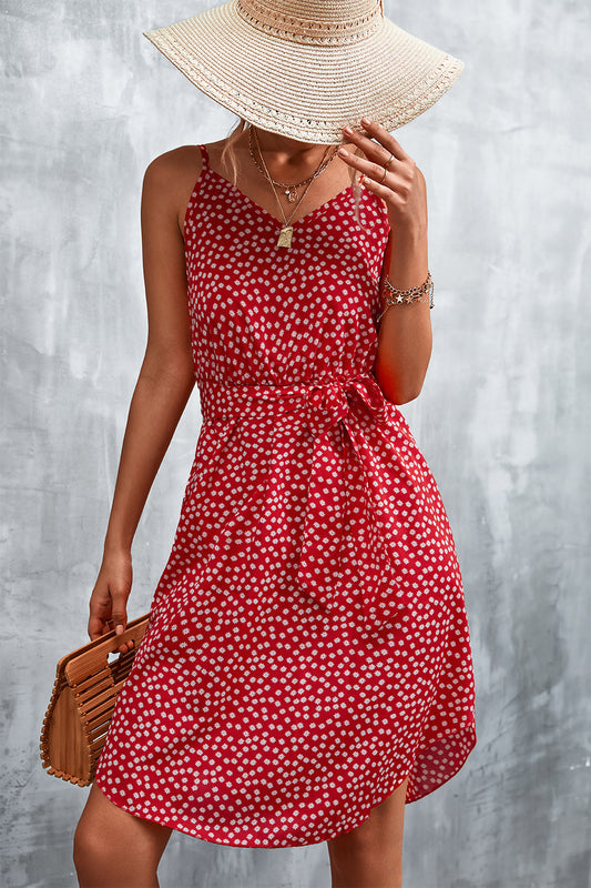 SOChic Printed V-Neck Tie Waist Mini Dress