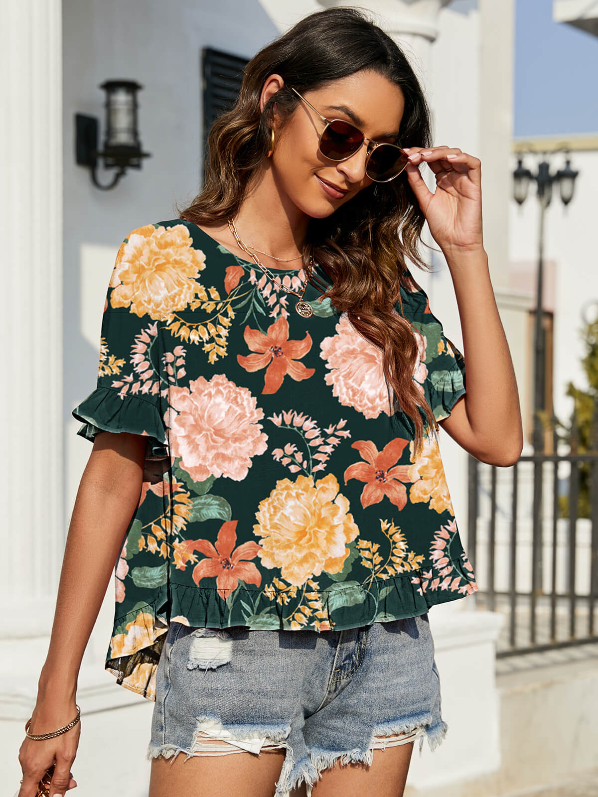 Women's Floral Ruffled Flounce Sleeve Blouse