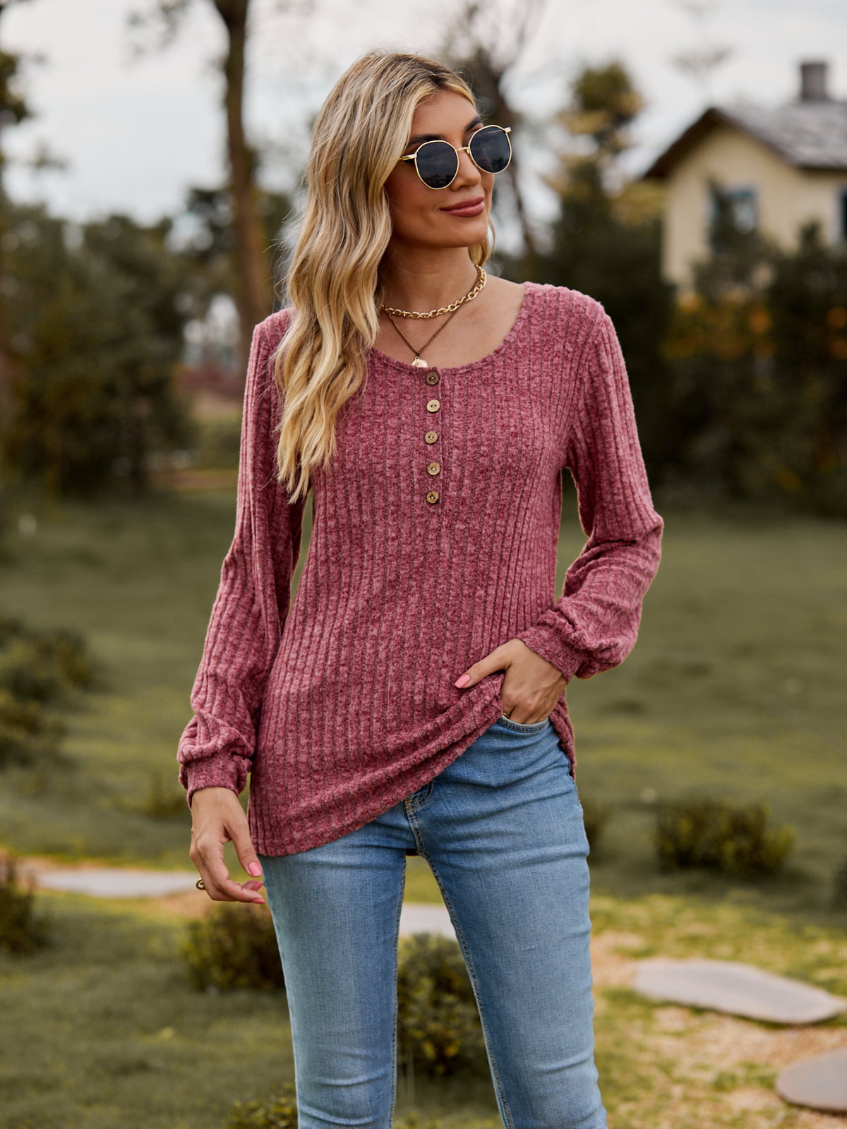 Full Size Round Neck Button-Down Long Sleeve Tee