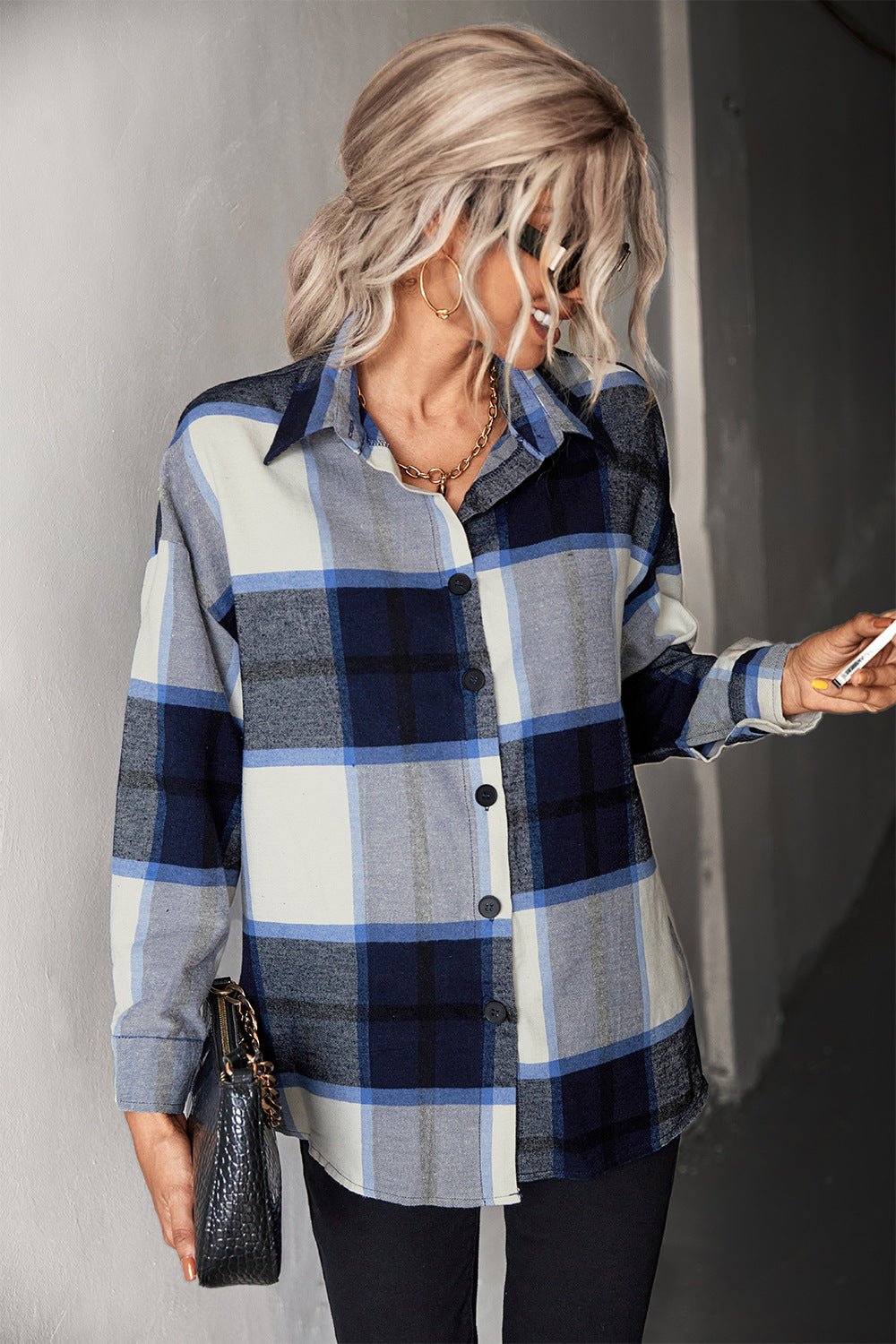 Adriana & Bae Plaid Collared Neck Longline Shirt