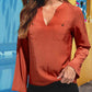 Red Orange Notched Neck Long Sleeve Top