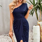 Ruched One-Shoulder Tulip Hem Midi Dress