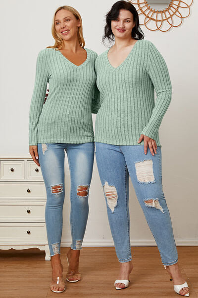 Basic Bae Full Size Ribbed V-Neck Long Sleeve T-Shirt *