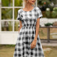 Smocked Plaid Round Neck Short Sleeve Dress