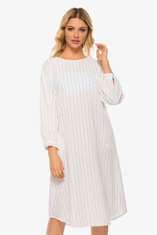 Pinstripe Tie Waist Round Neck White Dress