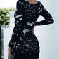 Printed Boat Neck Long Sleeve Dress