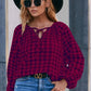 Plaid Tie Neck Balloon Sleeve Blouse