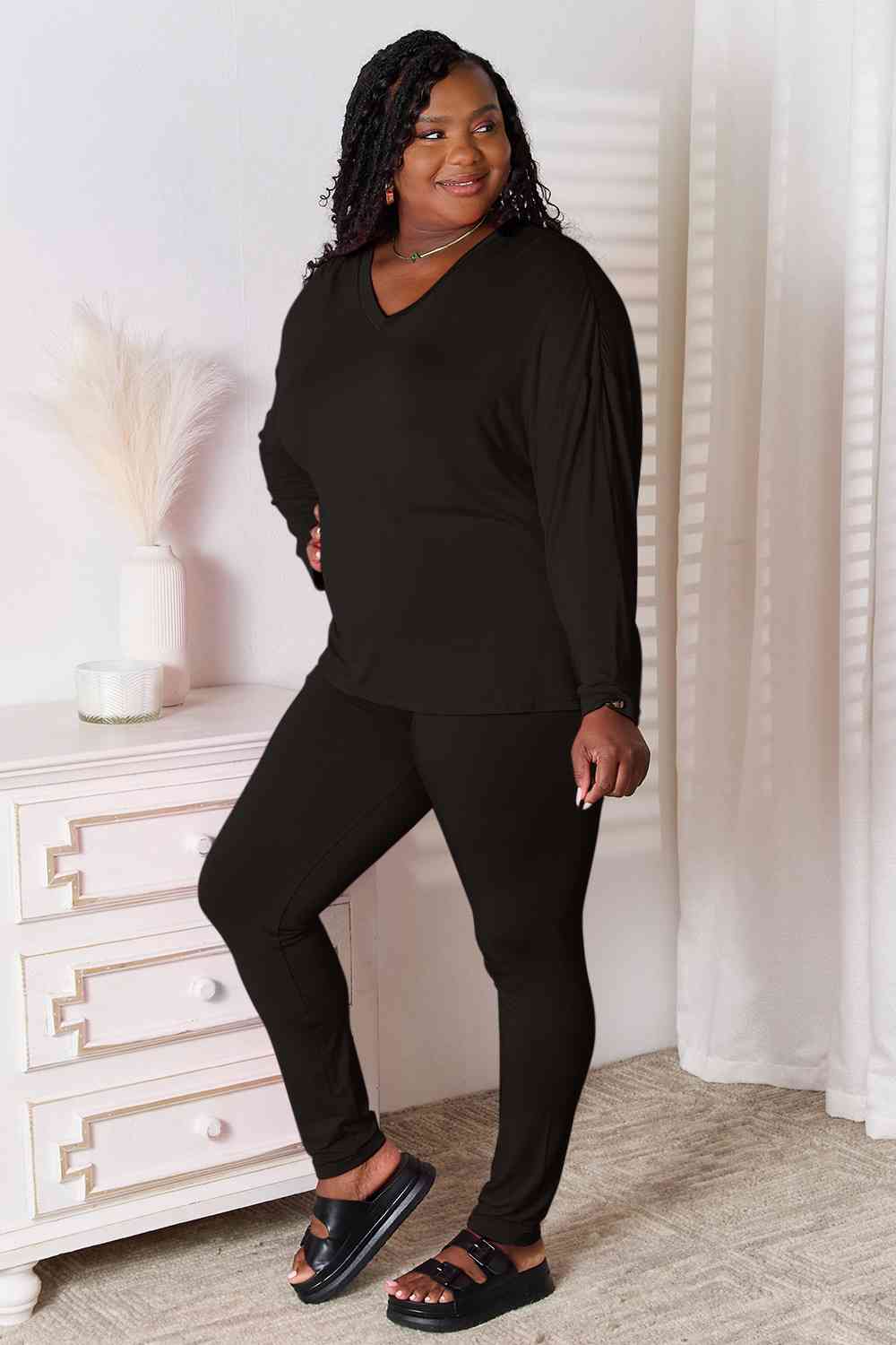 Basic Bae Full Size V-Neck Soft Rayon Long Sleeve Top and Pants Lounge Set *