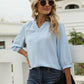 Full Size Swiss Dot Notched Neck Three-Quarter Sleeve Blouse