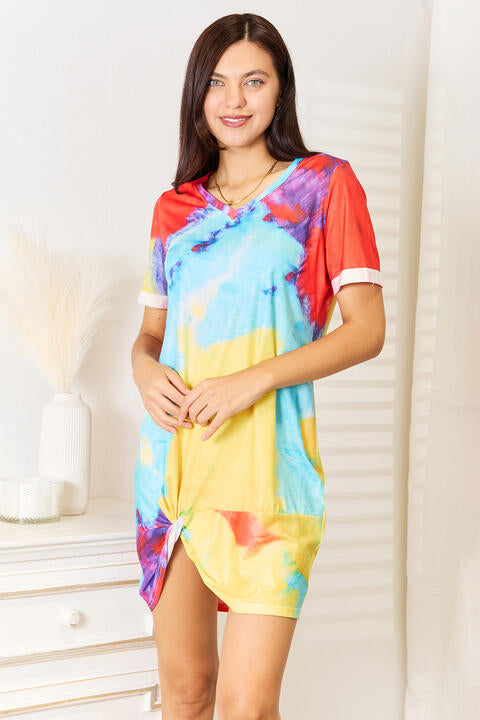 Double Take Tie-Dye V-Neck Twisted Dress *